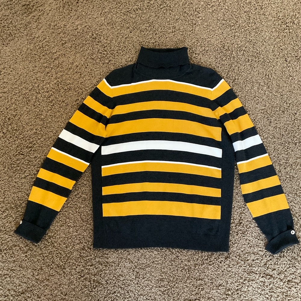 NWT~Yellow, Grey, & White Striped Turtleneck Long Sleeved Sweater, 1960’s Mod
